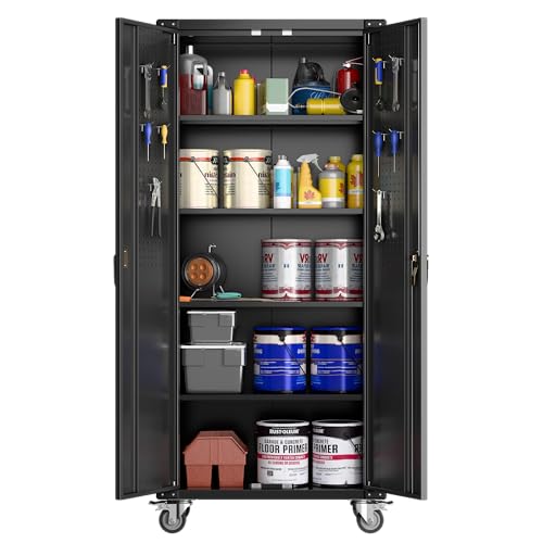 GarveeHome Garage Storage Cabinet with Wheels, 72 H Locking Metal Storage Cabinet with 2 Doors, 4 Adjustable Shelves & Door Pegboard for Garage Workshop Home Office, Black