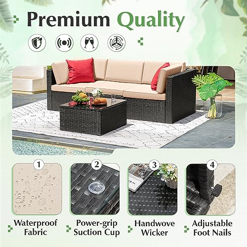 Devoko Patio Furniture Sets 6 Pieces Outdoor Sectional Rattan Sofa Manual Weaving Wicker Patio Conversation Set with Glass Table and Cushion (Beige) - Image 6