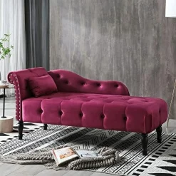TJUNBOLIFE Velvet Chaise Lounge Indoor  60u201D Tufted Upholstered Lounge Chair with Pillow & Rolled Arm Nailhead Trim for Bedroom Living Room Office  Grey