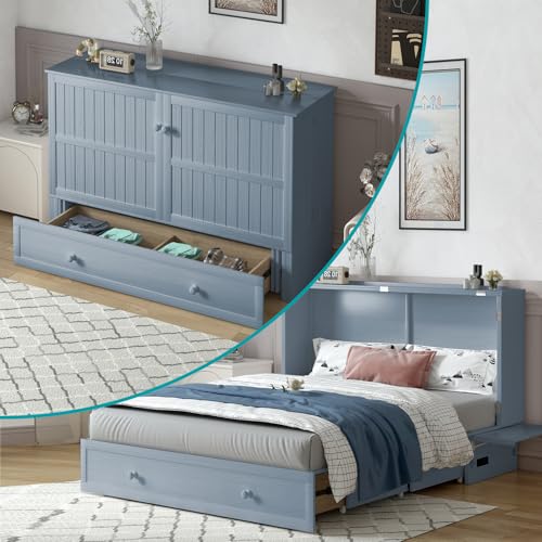 BALUS Murphy Bed Cabinet,Queen Murphy Bed with Tri-fold Mattress & USB Charging Station,Modern Wall Chest Beds with Folding Night Stand Trays and Storage Drawers for Bedroom Living Room,Grey-Blue - Image 6