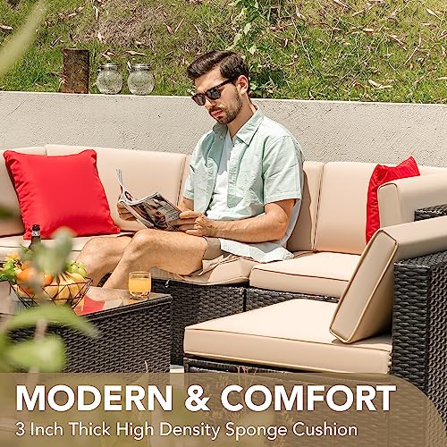 Devoko Patio Furniture Sets 6 Pieces Outdoor Sectional Rattan Sofa Manual Weaving Wicker Patio Conversation Set with Glass Table and Cushion (Beige) - Image 40